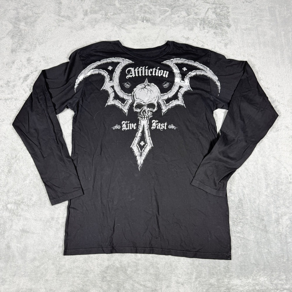 Affliction Mens Large Long Sleeve T-Shirt Black Skull Wing Graphic Live Fast USA